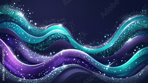Shimmering wallpaper of vibrant glittering theme with dynamic colours like teal, purple, silver. Wave flow with smooth gradient. Sparkling abstract background with magical glow.