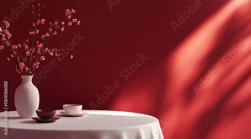 Une table ronde avec une nappe blanche, une ambiance de Nouvel An chinois, un mur rouge, des branches de prunier en fleurs, un petit service à thé et un sucrier, image avec espace pour texte. photo