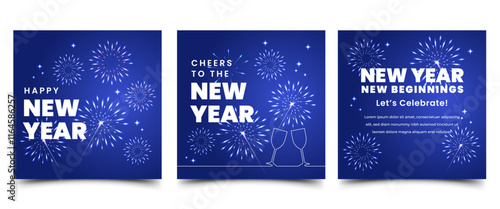 Happy new year social media post template design. Square banner with festive fireworks illustration. Usable for social media post, greeting card, invitation, cover, banner