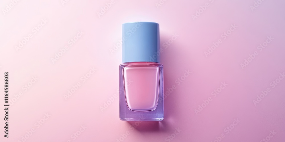 A bottle of nail polish is sitting on a pink background A bottle of nail polish is sitting on a pink background