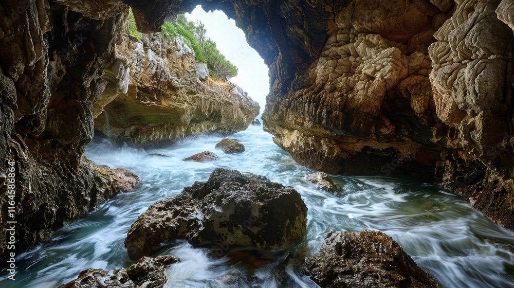 A serene underwater cave with sunlight beams illuminating clear blue waters A serene underwater cave with sunlight beams illuminating clear blue waters
