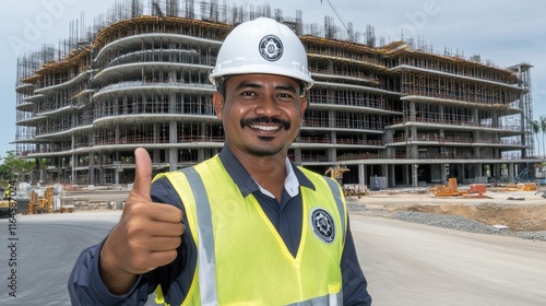 An Indonesian male engineer in a safety vest and helmet stands proudly at a construction site, giving a thumbs-up gesture photo