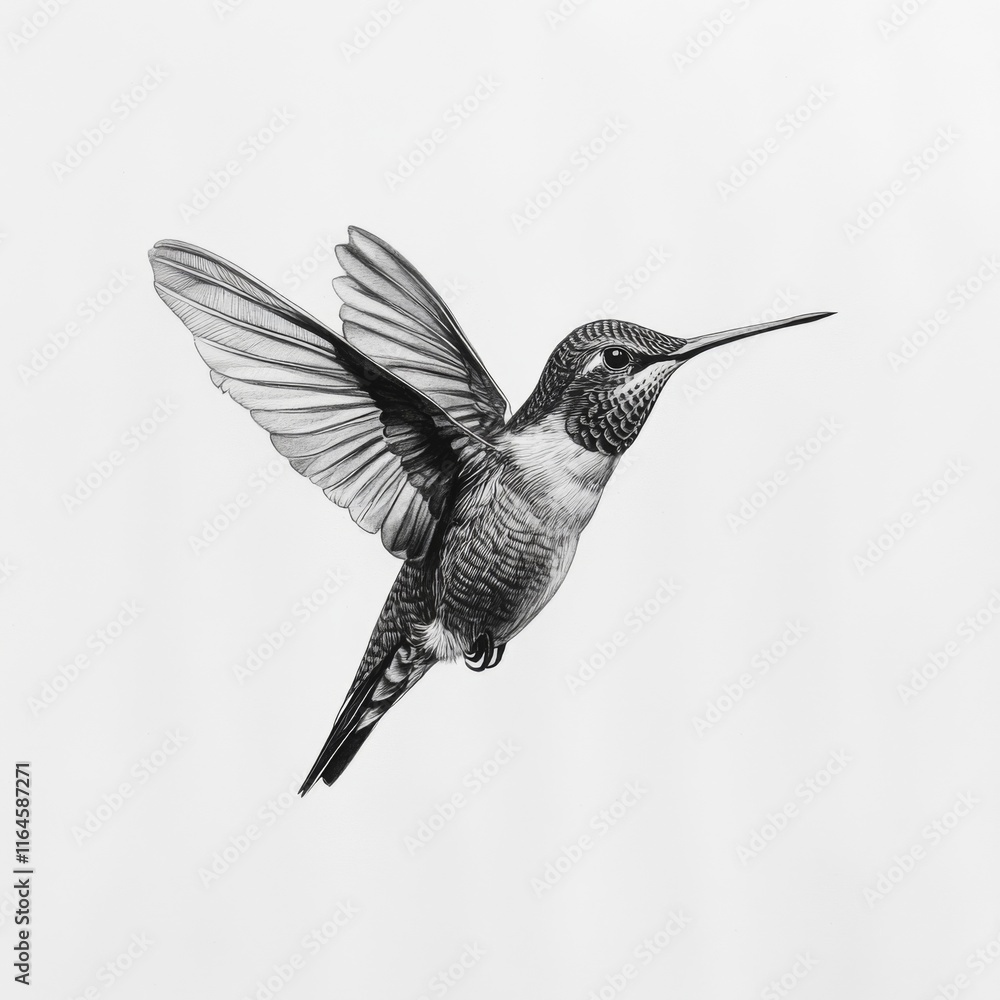 Fototapeta premium Monochrome drawing of a hummingbird in flight.