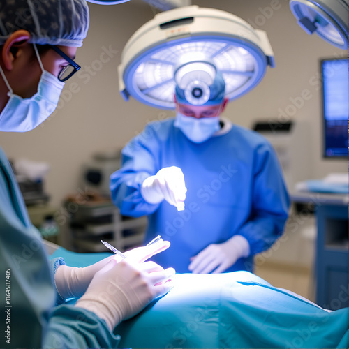 Surgical technologist's hands passing lens inserter to doctor photo