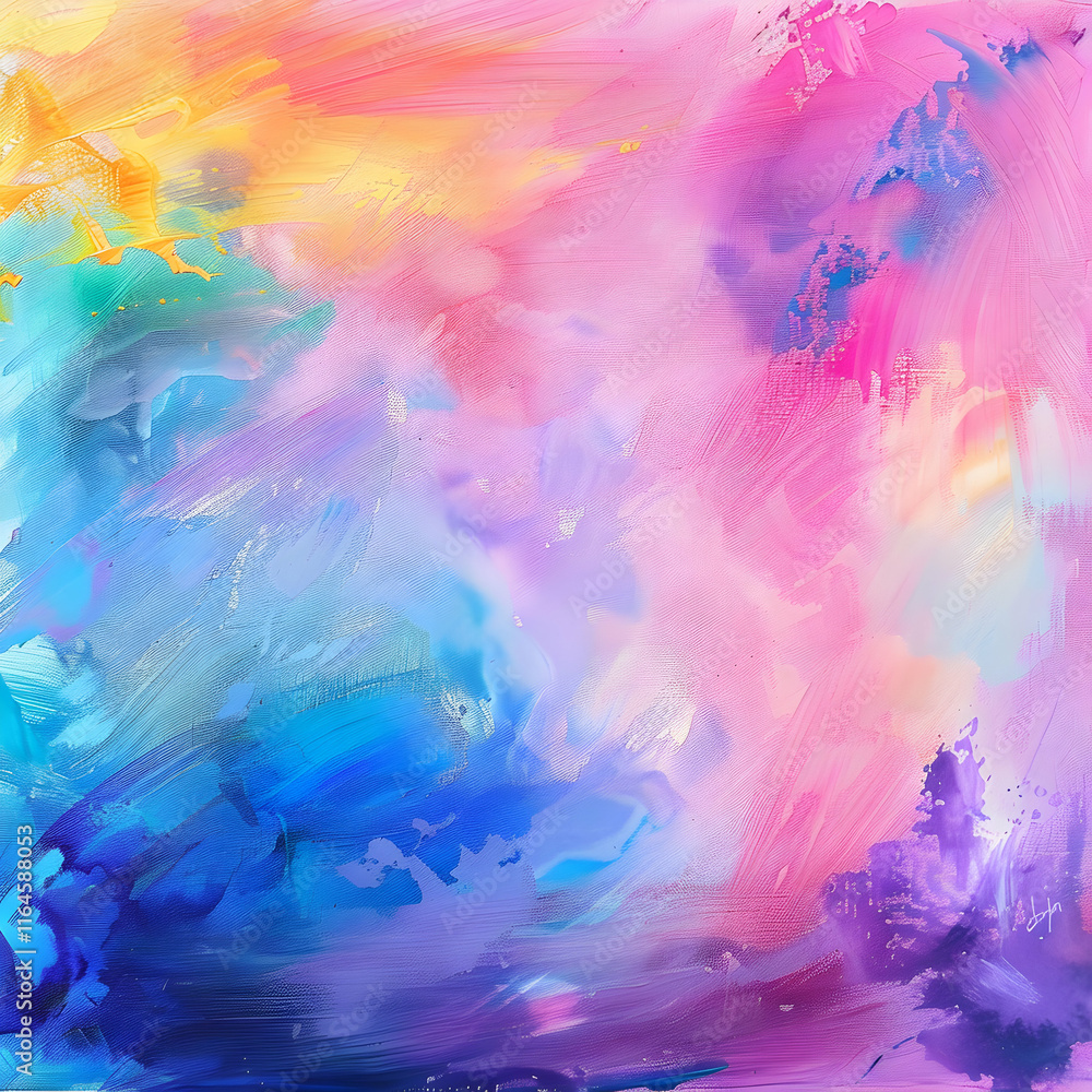 Fototapeta premium A vibrant abstract painting with bold strokes of blue, pink, and yellow, creating a dynamic and colorful composition on canvas.