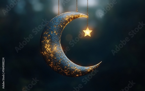 Glowing crescent moon and star hanging ornament. photo