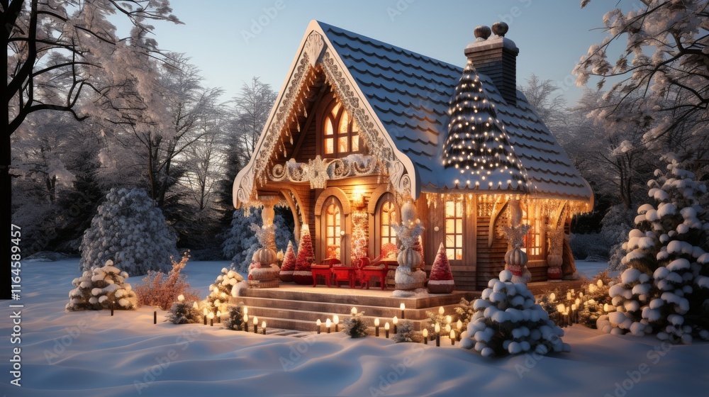 Fototapeta premium A small house with a snow covered roof and a Christmas tree on the roof. The house is lit up with lights and he is a cozy and festive place