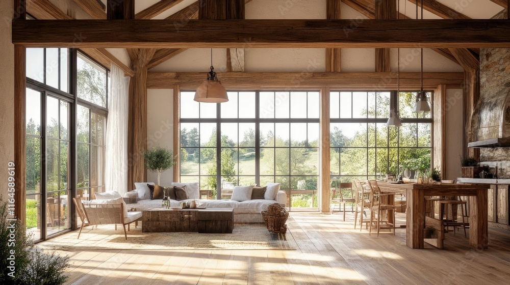 Fototapeta premium Sunlit rustic living room with large windows, wooden beams, and comfortable furniture.