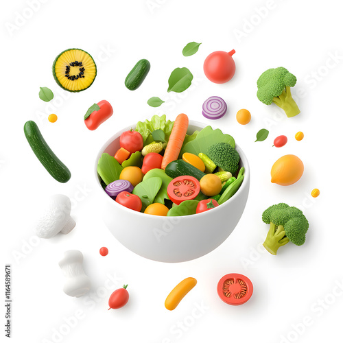 Wallpaper Mural 3d cartoon bowl with falling vegetables salad isolated on white background Torontodigital.ca