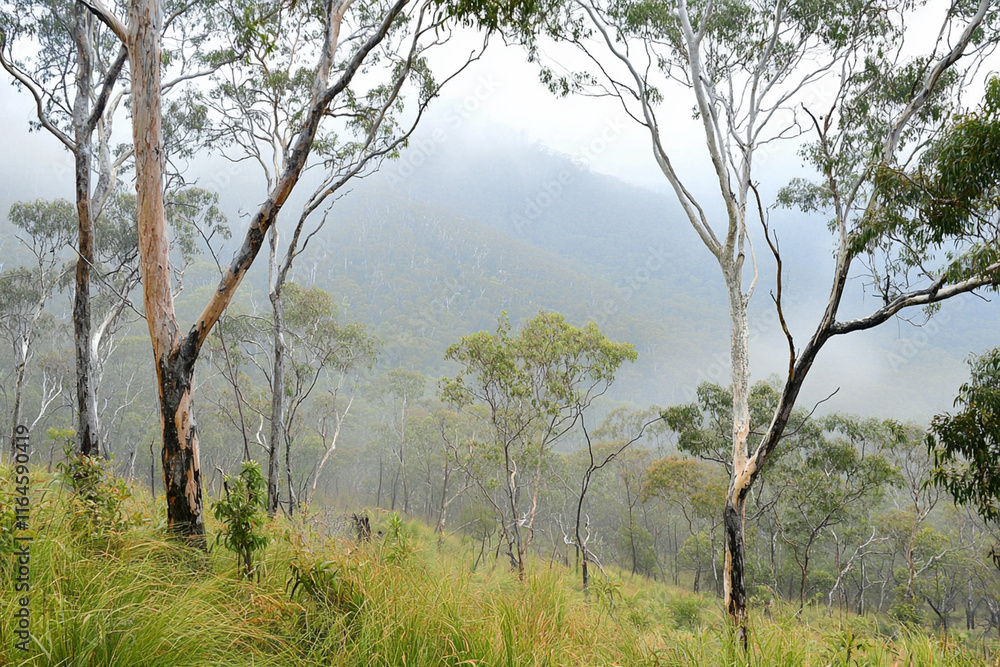 Morning fog cloaks a tranquil forest Morning fog cloaks a tranquil forest