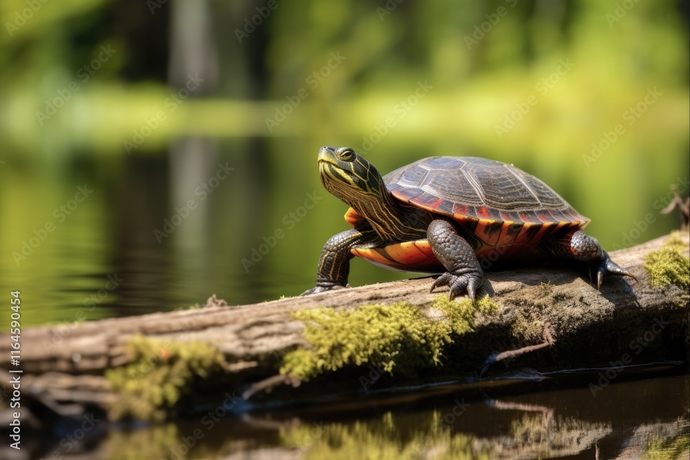 Fototapeta premium Western painted turtle perched on a log at Lake Sammamish State Park in Issaquah, WA. Horizontal image with copy space