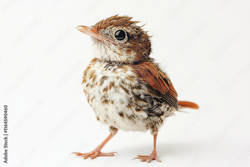 Fototapeta premium Close-up of a cute baby bird with fluffy feathers, standing against a plain white backdrop.
