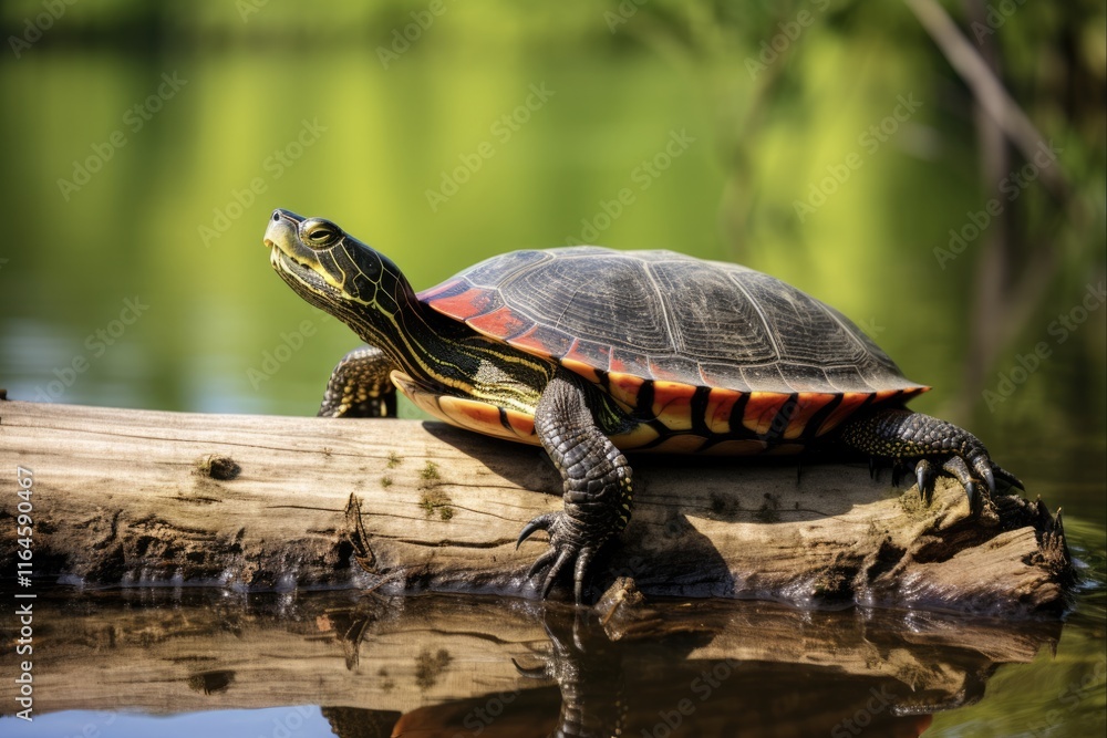 Obraz premium Western Painted Turtle Perched on Fallen Log in Lake Sammamish State Park. Horizontal shot with copy space