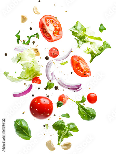 Explosion of sliced vegetables salad splash, isolated on white background