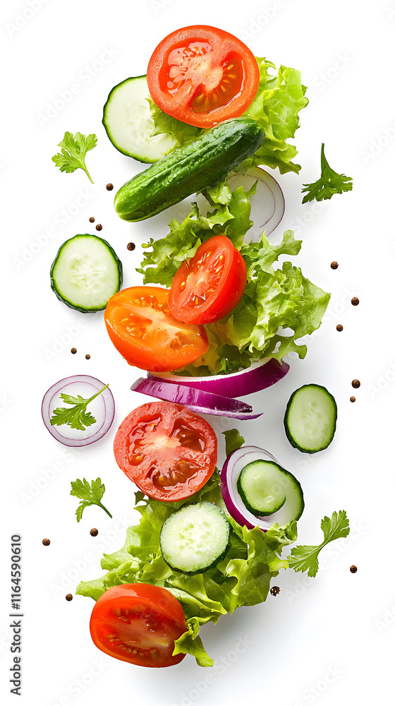 Explosion of sliced vegetables salad splash, isolated on white background Explosion of sliced vegetables salad splash, isolated on white background