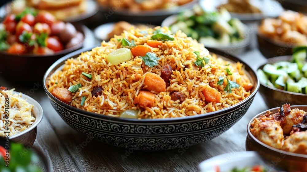 Large bowl of delicious rice dish surrounded by various side dishes. Large bowl of delicious rice dish surrounded by various side dishes.