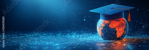 Graduation cap on digital world with global network connection: online education, elearning, and scholarship concept