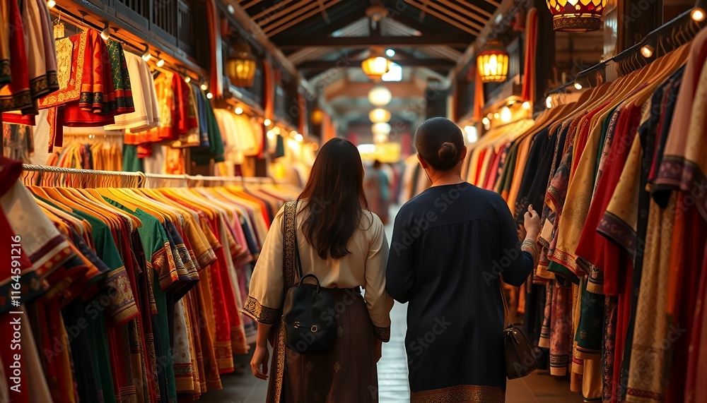 Fototapeta premium Asian Market: Women Shopping Vibrant Textiles, Warm Evening Ambiance