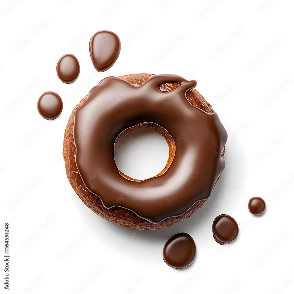 Top view donut with melted chocolate dripping onto it top view, isolated on white background Top view donut with melted chocolate dripping onto it top view, isolated on white background