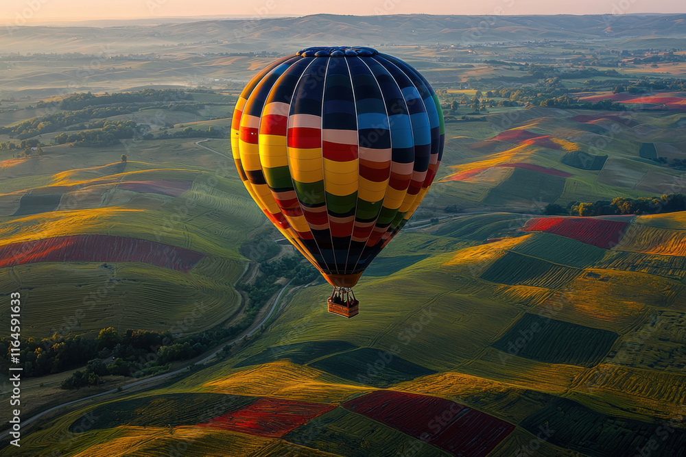 Obraz premium Hot Air Balloon Over Sunrise Fields
