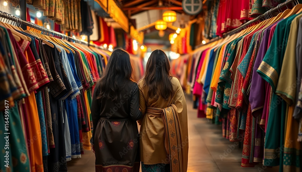 Women Exploring Vibrant Indian Textile Market: A Warm, Golden Hues Women Exploring Vibrant Indian Textile Market: A Warm, Golden Hues