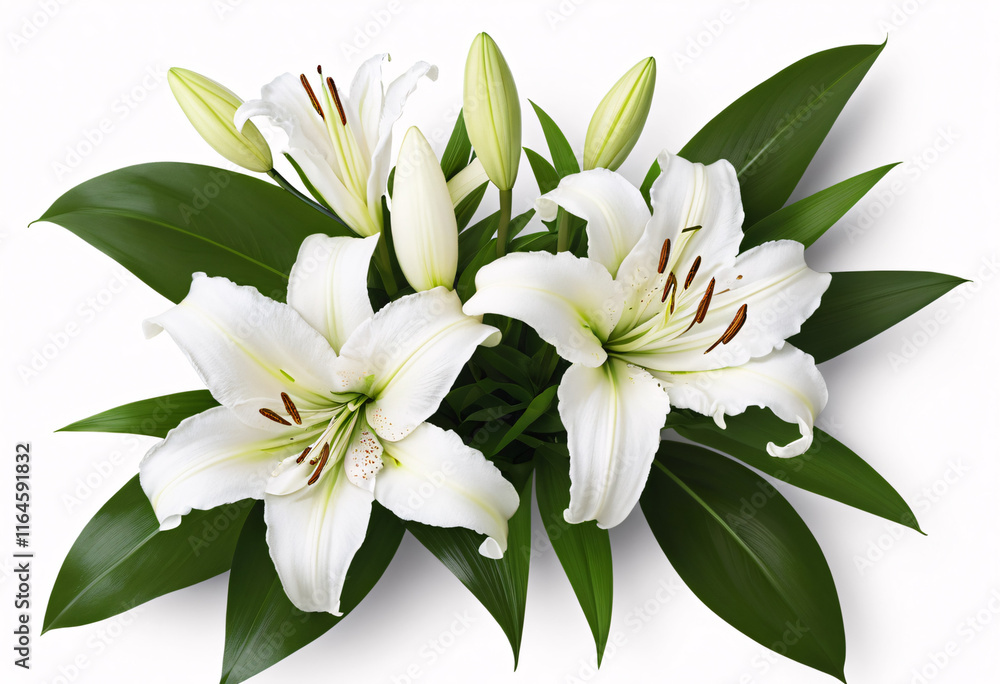 Fresh White Lilies Bouquet with Green Leaves in a Minimalist Composition Fresh White Lilies Bouquet with Green Leaves in a Minimalist Composition