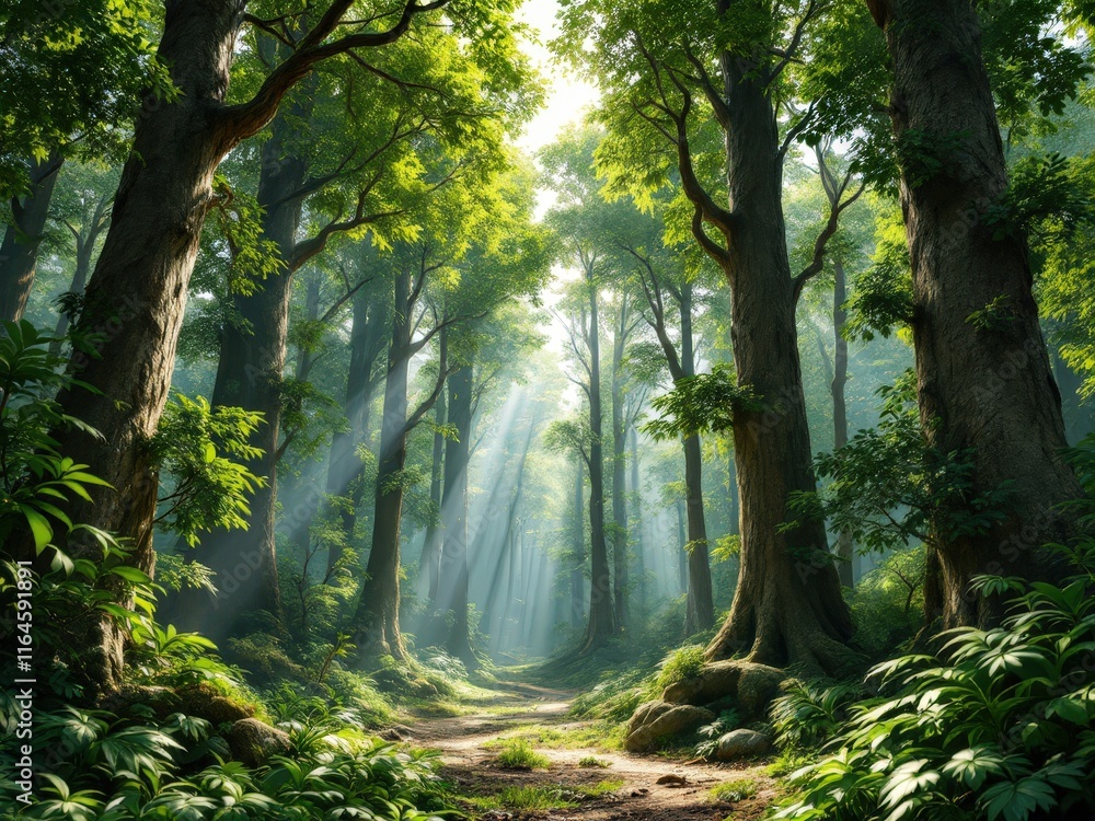 Fototapeta premium Majestic forest bathed in sunlight creates a serene pathway for exploration among towering trees and lush greenery