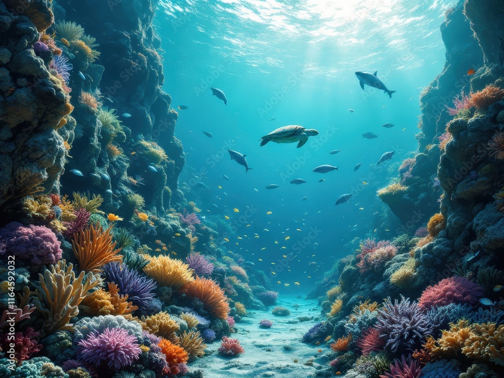 Obraz premium Beneath the tranquil waves, colorful corals and playful creatures thrive in a vibrant underwater paradise filled with life and beauty