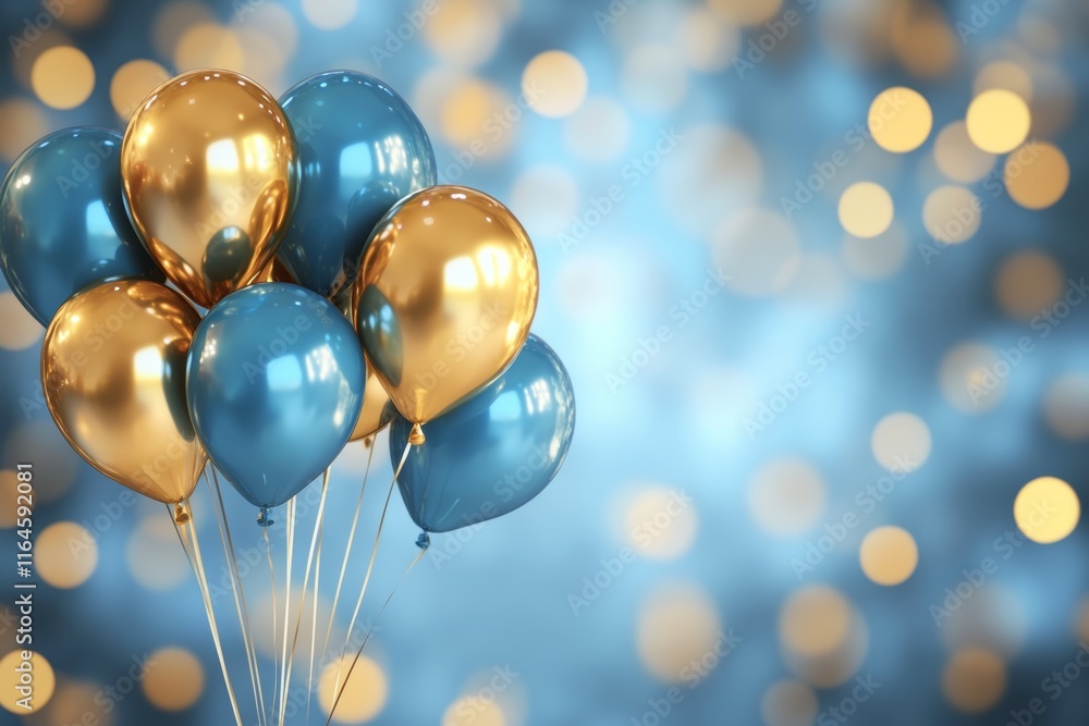 3d rendering of blue and gold balloons with bokeh background for new year celebration decor 3d rendering of blue and gold balloons with bokeh background for new year celebration decor