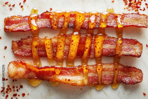 Crispy Bacon Strips with Honey and Red Pepper Flakes on Marble Surface photo