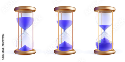 Hourglass purple sand flowing sequence. Time budget 3d glass clock countdown. Realistic crystal transparent modern bulb of sandglass. Golden hour countdown, profit period alert. Flash sale promo icon