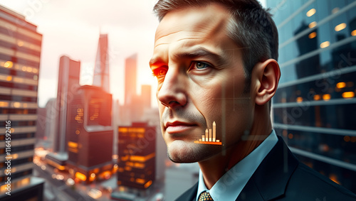 Futuristic businessman's portrait merged with cityscape, representing innovation and modern enterprise in urban setting photo