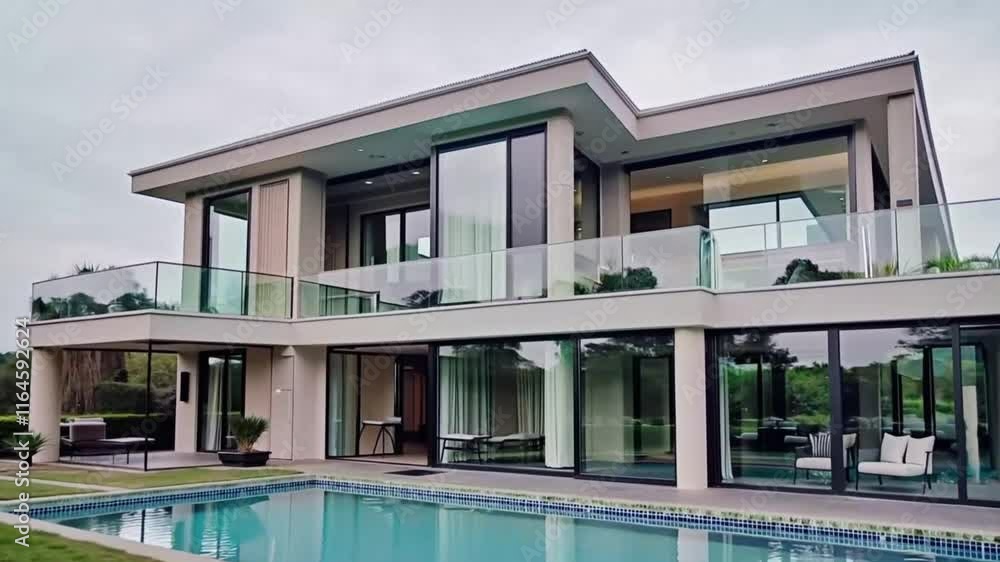 A sleek minimalist mansion featuring clean lines and expansive glass walls overlooks a shimmering swimming pool. The design exudes modern elegance, surrounded by a serene and understated landscape. A sleek minimalist mansion featuring clean lines and expansive glass walls overlooks a shimmering swimming pool. The design exudes modern elegance, surrounded by a serene and understated landscape.