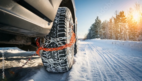 close up of car tire with snow chains on a snowy road photo