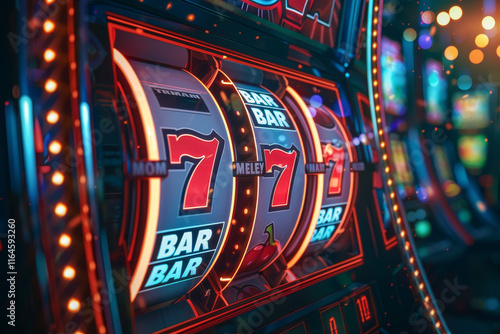 A slot machine with three reels and a bar