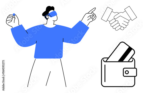 Person in VR headset interacting, handshake, credit card in wallet. Ideal for virtual reality, finance, digital transactions, business deals, tech innovation e-commerce and futuristic themes. Line