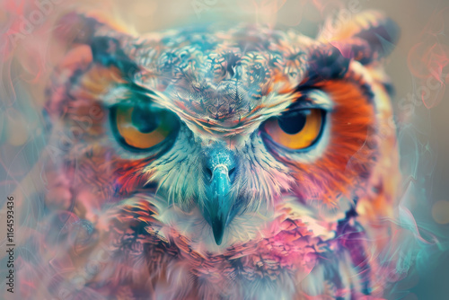 A colorful owl with a yellow beak and orange eyes