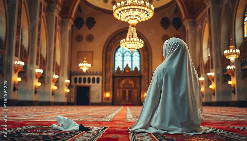 Serene Woman in Prayer: A Calm Islamic Mosque Interior Serene Woman in Prayer: A Calm Islamic Mosque Interior