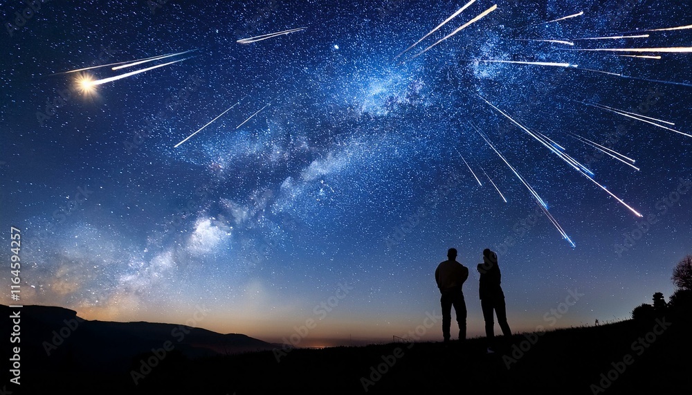 Fototapeta premium night sky with shooting stars and silhouettes