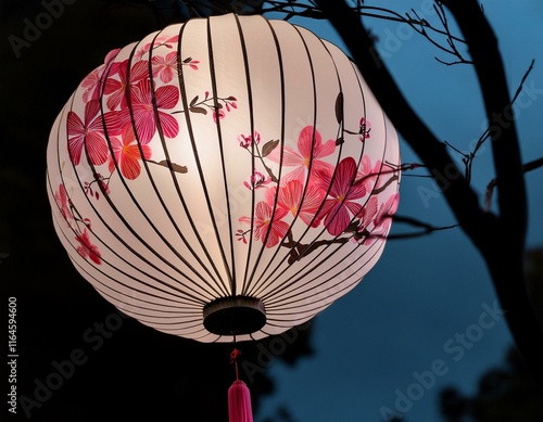 a decorative paper lantern featuring white pink flowers and black branches perfect for festive occasions or home decor photo