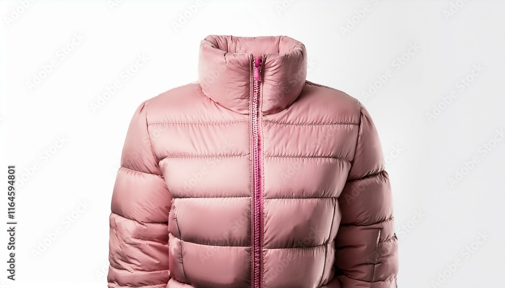 pink puffer jacket with high collar and quilted finish isolated on white background ideal for stylish branding and mockups pink puffer jacket with high collar and quilted finish isolated on white background ideal for stylish branding and mockups