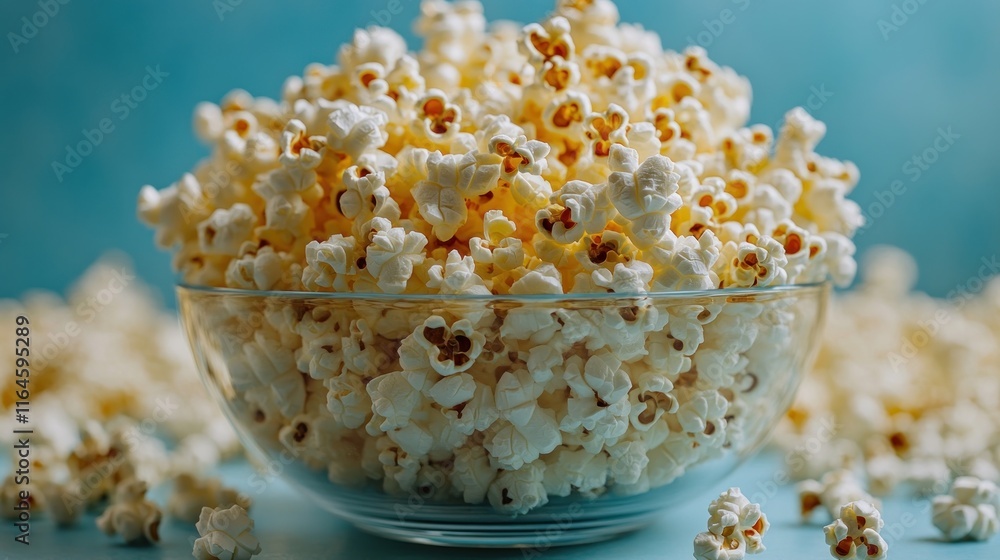 Buttery popcorn in a glass bowl on blue background. Buttery popcorn in a glass bowl on blue background.