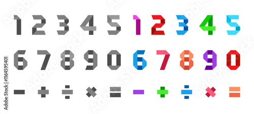 Origami Folded Paper Number Design. Colorful and Gray style origami numbers vector isolated on white background. Editable Vector.