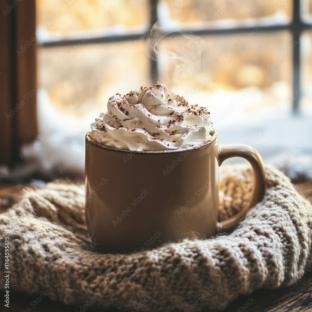 Cozy Winter Scene with a Mug of Hot Chocolate Topped with Whipped Cream and Cinnamon Cozy Winter Scene with a Mug of Hot Chocolate Topped with Whipped Cream and Cinnamon