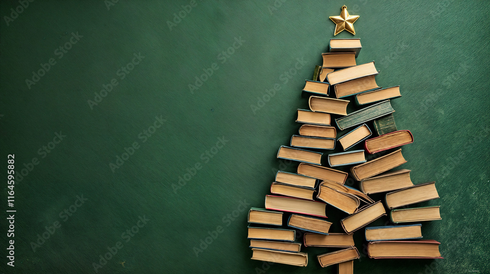 The image shows a Christmas tree created from stacked books on a green background The image shows a Christmas tree created from stacked books on a green background