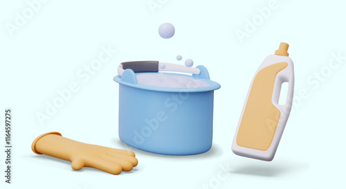 Bucket with soap foam, rubber glove, plastic bottle with detergent. Set of vector elements on blue background. Creative cleaning concept with packaging mockup