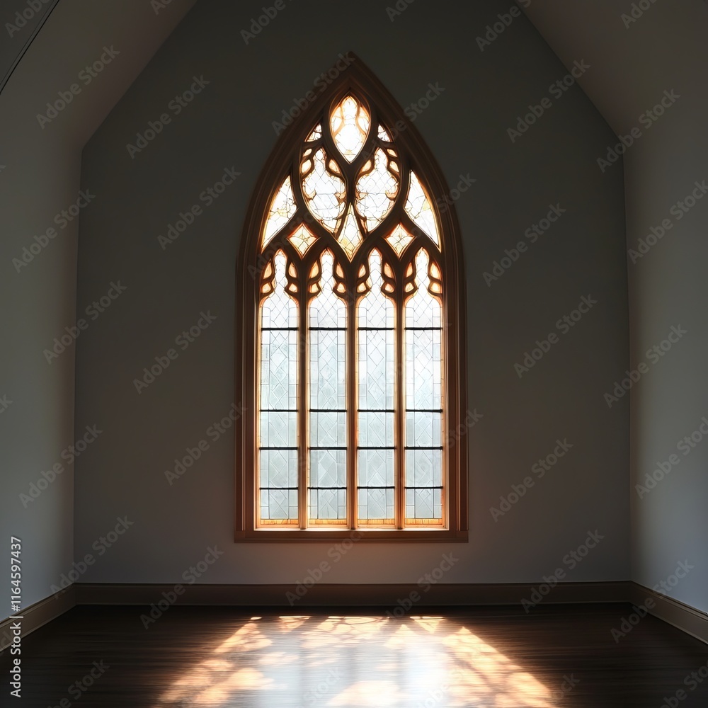 A large stained glass window in a church. The light shining through the window creates a warm and peaceful atmosphere A large stained glass window in a church. The light shining through the window creates a warm and peaceful atmosphere