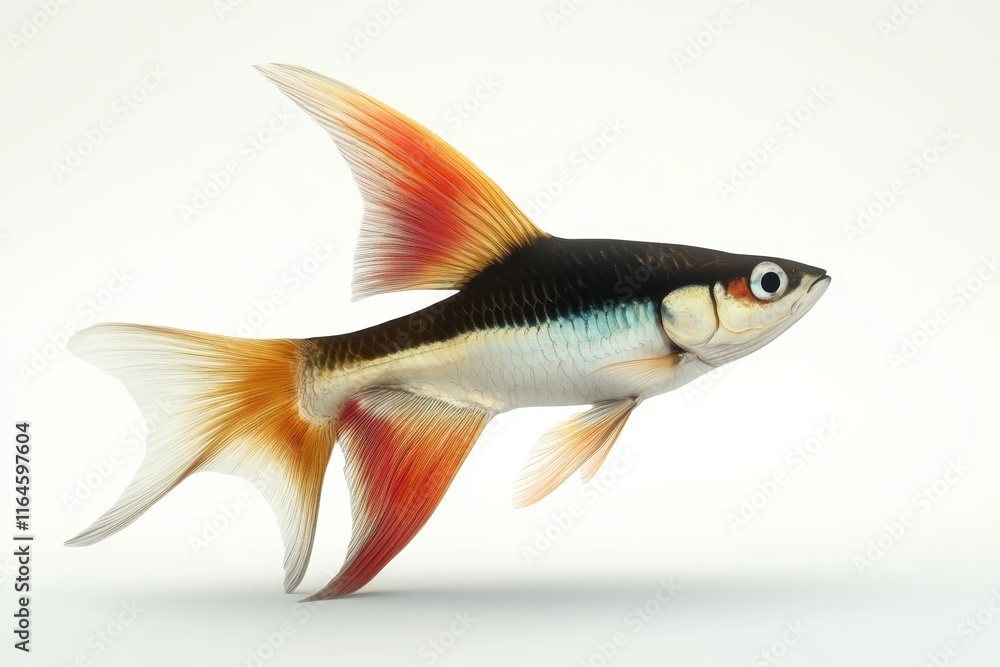 A striking tropical fish showcasing vivid colors and elegant fins, captured against a plain white backdrop. A striking tropical fish showcasing vivid colors and elegant fins, captured against a plain white backdrop.