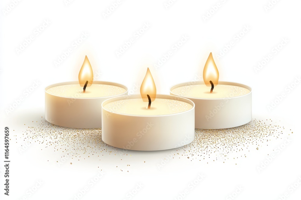 Three lit tealight candles on a white surface, creating a warm and calming ambiance with soft shadows and subtle glitter. Three lit tealight candles on a white surface, creating a warm and calming ambiance with soft shadows and subtle glitter.