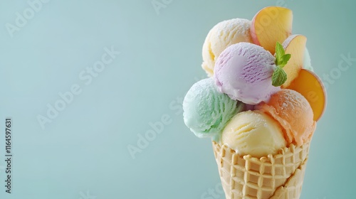 Colorful Ice Cream Scoops in Waffle Cone with Peach Slices